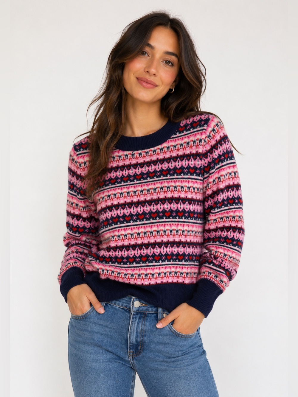 J. Crew Knit Pink Heart Winter Patterned Crewneck Sweater Size M